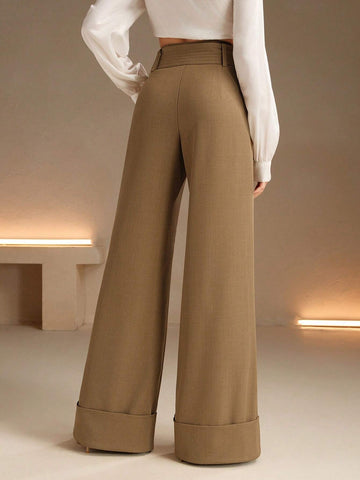 Anewsta Fashionable High Waist Wide Leg Pants With Belt Decor Anewsta Fashionable High Waist Wide Leg Pants With Belt Decor