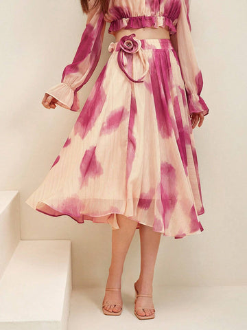 Anewsta French Romantic And Elegant Heavy Industry Handmade Flower Gold And Silver Thread Rendering Printed Chiffon Elastic Waist Big A-Line Skirt Anewsta French Romantic And Elegant Heavy Industry Handmade Flower Gold And Silver Thread Rendering Printed Chiffon Elastic Waist Big A-Line Skirt