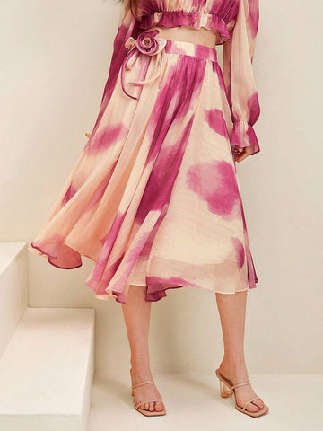 Anewsta French Romantic And Elegant Heavy Industry Handmade Flower Gold And Silver Thread Rendering Printed Chiffon Elastic Waist Big A-Line Skirt Anewsta French Romantic And Elegant Heavy Industry Handmade Flower Gold And Silver Thread Rendering Printed Chiffon Elastic Waist Big A-Line Skirt