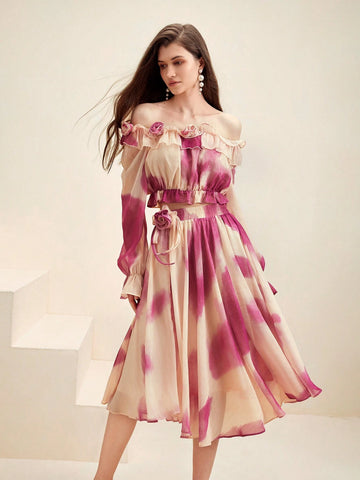 Anewsta French Romantic And Elegant Heavy Industry Handmade Flower Gold And Silver Thread Rendering Printed Chiffon Elastic Waist Big A-Line Skirt Anewsta French Romantic And Elegant Heavy Industry Handmade Flower Gold And Silver Thread Rendering Printed Chiffon Elastic Waist Big A-Line Skirt