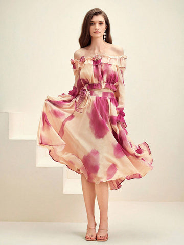 Anewsta French Romantic And Elegant Heavy Industry Handmade Flower Gold And Silver Thread Rendering Printed Chiffon Elastic Waist Big A-Line Skirt Anewsta French Romantic And Elegant Heavy Industry Handmade Flower Gold And Silver Thread Rendering Printed Chiffon Elastic Waist Big A-Line Skirt