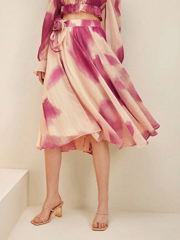 Anewsta French Romantic And Elegant Heavy Industry Handmade Flower Gold And Silver Thread Rendering Printed Chiffon Elastic Waist Big A-Line Skirt Anewsta French Romantic And Elegant Heavy Industry Handmade Flower Gold And Silver Thread Rendering Printed Chiffon Elastic Waist Big A-Line Skirt