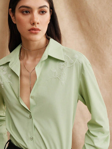 Anewsta Green Beaded Embroidery 3D Flower Women's City Shirt Anewsta Green Beaded Embroidery 3D Flower Women's City Shirt
