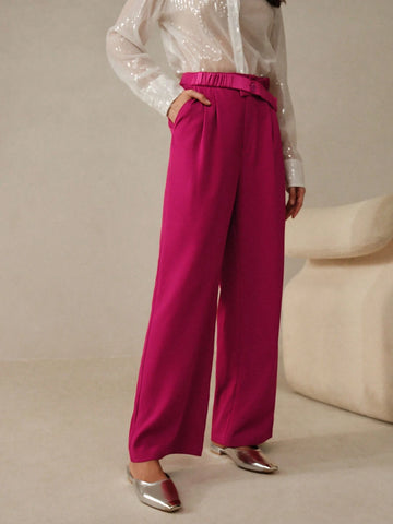 Anewsta Ladies Pleated Straight Leg Woven Trousers In Pink With Splice Details, Belt And Casual Elastic Waist Anewsta Ladies Pleated Straight Leg Woven Trousers In Pink With Splice Details, Belt And Casual Elastic Waist