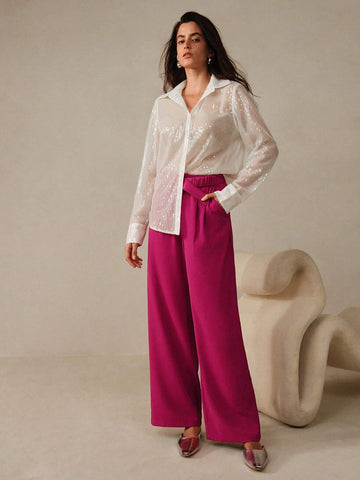 Anewsta Ladies Pleated Straight Leg Woven Trousers In Pink With Splice Details, Belt And Casual Elastic Waist Anewsta Ladies Pleated Straight Leg Woven Trousers In Pink With Splice Details, Belt And Casual Elastic Waist