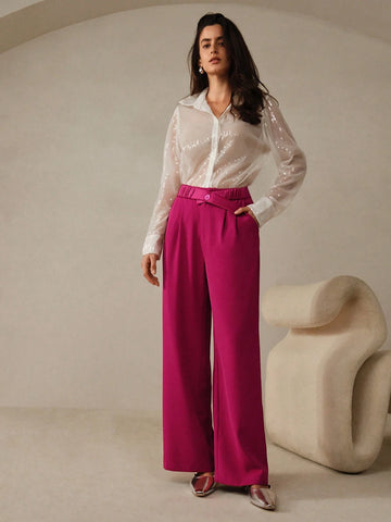 Anewsta Ladies Pleated Straight Leg Woven Trousers In Pink With Splice Details, Belt And Casual Elastic Waist Anewsta Ladies Pleated Straight Leg Woven Trousers In Pink With Splice Details, Belt And Casual Elastic Waist