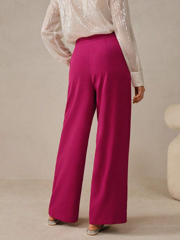Anewsta Ladies Pleated Straight Leg Woven Trousers In Pink With Splice Details, Belt And Casual Elastic Waist Anewsta Ladies Pleated Straight Leg Woven Trousers In Pink With Splice Details, Belt And Casual Elastic Waist