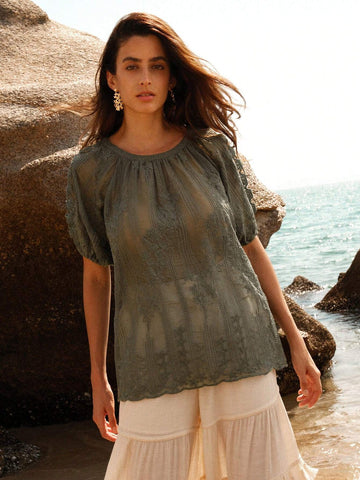 Anewsta Ladies Round Neck Hollow Out Pleated Casual Short Sleeve Blouse For SpringSummer Anewsta Ladies Round Neck Hollow Out Pleated Casual Short Sleeve Blouse For SpringSummer