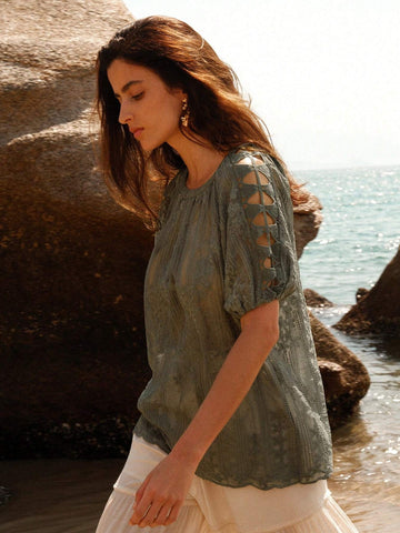 Anewsta Ladies Round Neck Hollow Out Pleated Casual Short Sleeve Blouse For SpringSummer Anewsta Ladies Round Neck Hollow Out Pleated Casual Short Sleeve Blouse For SpringSummer