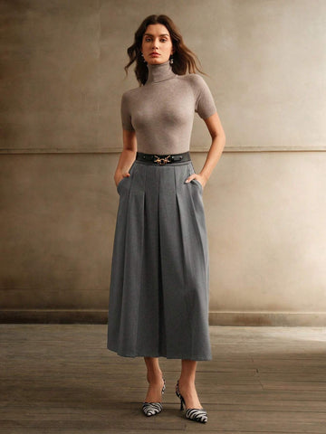 Anewsta Merlot Grey Waist Belt A-Line Skirt For Women Anewsta Merlot Grey Waist Belt A-Line Skirt For Women