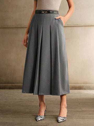 Anewsta Merlot Grey Waist Belt A-Line Skirt For Women Anewsta Merlot Grey Waist Belt A-Line Skirt For Women