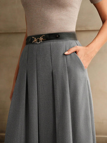Anewsta Merlot Grey Waist Belt A-Line Skirt For Women Anewsta Merlot Grey Waist Belt A-Line Skirt For Women