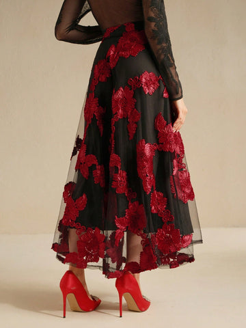 Anewsta New Vintage Elegant Versatile Floral Embroidery Mesh High Waist A-Line Skirt, Autumn/Spring Anewsta New Vintage Elegant Versatile Floral Embroidery Mesh High Waist A-Line Skirt, Autumn/Spring