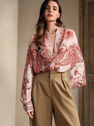 Anewsta Printed Paisley Button-Up Long Sleeve Shirt With Elegant Elegant Anewsta Printed Paisley Button-Up Long Sleeve Shirt With Elegant Elegant