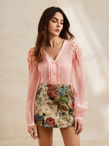Anewsta Romantic French Style 3D Flower Chiffon Shirt Anewsta Romantic French Style 3D Flower Chiffon Shirt