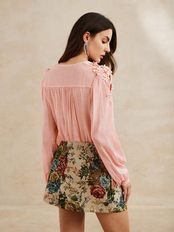 Anewsta Romantic French Style 3D Flower Chiffon Shirt Anewsta Romantic French Style 3D Flower Chiffon Shirt