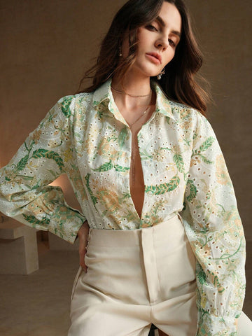 Anewsta Romantic Holiday Hollow Out Printed Loose Embroidered Women's Shirt Anewsta Romantic Holiday Hollow Out Printed Loose Embroidered Women's Shirt
