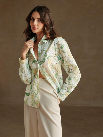 Anewsta Romantic Holiday Hollow Out Printed Loose Embroidered Women's Shirt Anewsta Romantic Holiday Hollow Out Printed Loose Embroidered Women's Shirt