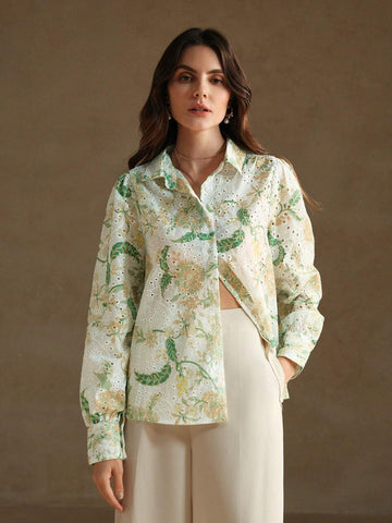 Anewsta Romantic Holiday Hollow Out Printed Loose Embroidered Women's Shirt Anewsta Romantic Holiday Hollow Out Printed Loose Embroidered Women's Shirt