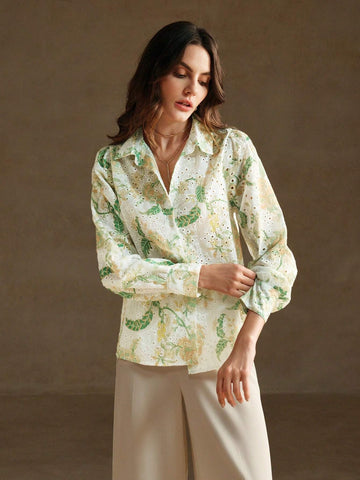 Anewsta Romantic Holiday Hollow Out Printed Loose Embroidered Women's Shirt Anewsta Romantic Holiday Hollow Out Printed Loose Embroidered Women's Shirt