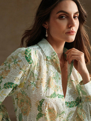 Anewsta Romantic Holiday Hollow Out Printed Loose Embroidered Women's Shirt Anewsta Romantic Holiday Hollow Out Printed Loose Embroidered Women's Shirt
