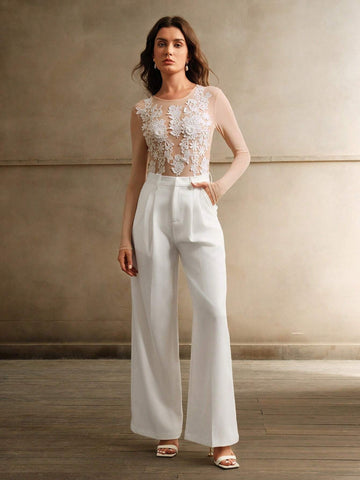 Anewsta Round-Neck Long Sleeve Casual Bodysuit With 3D Floral Decoration Anewsta Round-Neck Long Sleeve Casual Bodysuit With 3D Floral Decoration