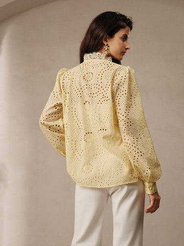 Anewsta Soft Lace Hollow-Out Women's Lantern Sleeve Shirt With Small Stand-Up Collar In Light Yellow Anewsta Soft Lace Hollow-Out Women's Lantern Sleeve Shirt With Small Stand-Up Collar In Light Yellow