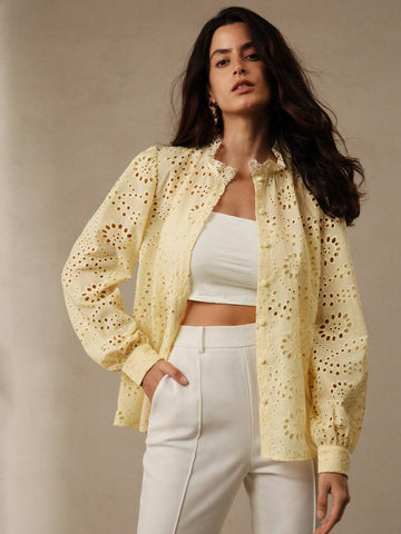 Anewsta Soft Lace Hollow-Out Women's Lantern Sleeve Shirt With Small Stand-Up Collar In Light Yellow Anewsta Soft Lace Hollow-Out Women's Lantern Sleeve Shirt With Small Stand-Up Collar In Light Yellow