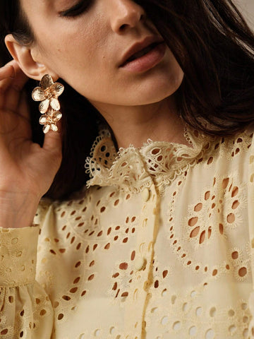 Anewsta Soft Lace Hollow-Out Women's Lantern Sleeve Shirt With Small Stand-Up Collar In Light Yellow Anewsta Soft Lace Hollow-Out Women's Lantern Sleeve Shirt With Small Stand-Up Collar In Light Yellow