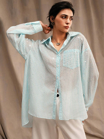 Anewsta Striped Rhinestone Decor Casual Fashion Turn-Down Collar Flowy Long Sleeve Shirt Anewsta Striped Rhinestone Decor Casual Fashion Turn-Down Collar Flowy Long Sleeve Shirt