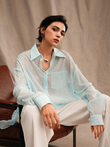 Anewsta Striped Rhinestone Decor Casual Fashion Turn-Down Collar Flowy Long Sleeve Shirt Anewsta Striped Rhinestone Decor Casual Fashion Turn-Down Collar Flowy Long Sleeve Shirt