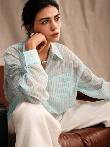Anewsta Striped Rhinestone Decor Casual Fashion Turn-Down Collar Flowy Long Sleeve Shirt Anewsta Striped Rhinestone Decor Casual Fashion Turn-Down Collar Flowy Long Sleeve Shirt