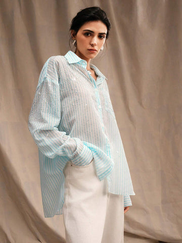 Anewsta Striped Rhinestone Decor Casual Fashion Turn-Down Collar Flowy Long Sleeve Shirt Anewsta Striped Rhinestone Decor Casual Fashion Turn-Down Collar Flowy Long Sleeve Shirt