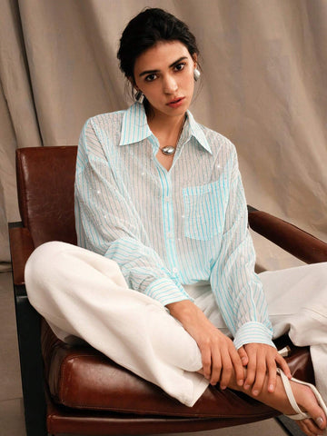 Anewsta Striped Rhinestone Decor Casual Fashion Turn-Down Collar Flowy Long Sleeve Shirt Anewsta Striped Rhinestone Decor Casual Fashion Turn-Down Collar Flowy Long Sleeve Shirt