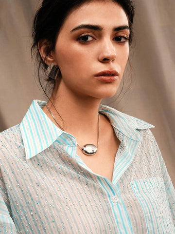 Anewsta Striped Rhinestone Decor Casual Fashion Turn-Down Collar Flowy Long Sleeve Shirt Anewsta Striped Rhinestone Decor Casual Fashion Turn-Down Collar Flowy Long Sleeve Shirt