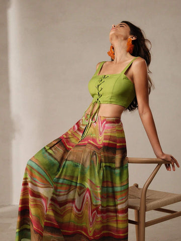 Anewsta Vacation Style Solid Color Drawstring Vest Top And Abstract Print Skirt Set Anewsta Vacation Style Solid Color Drawstring Vest Top And Abstract Print Skirt Set