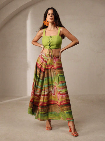 Anewsta Vacation Style Solid Color Drawstring Vest Top And Abstract Print Skirt Set Anewsta Vacation Style Solid Color Drawstring Vest Top And Abstract Print Skirt Set