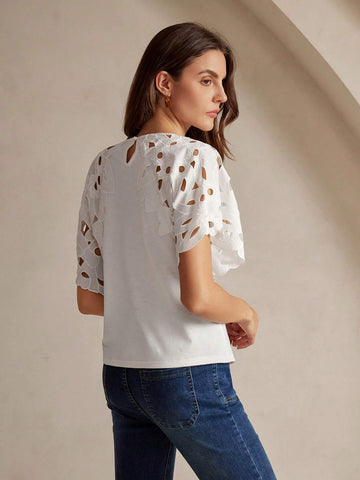 Women Crew Neck Solid Color Ruffle Trim Short Sleeve T-Shirt For Summer Women Crew Neck Solid Color Ruffle Trim Short Sleeve T-Shirt For Summer