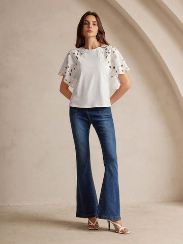 Women Crew Neck Solid Color Ruffle Trim Short Sleeve T-Shirt For Summer Women Crew Neck Solid Color Ruffle Trim Short Sleeve T-Shirt For Summer