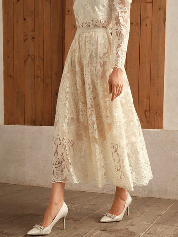 Anewsta Women Elegant Mesh Embroidered A-Line Skirt Anewsta Women Elegant Mesh Embroidered A-Line Skirt