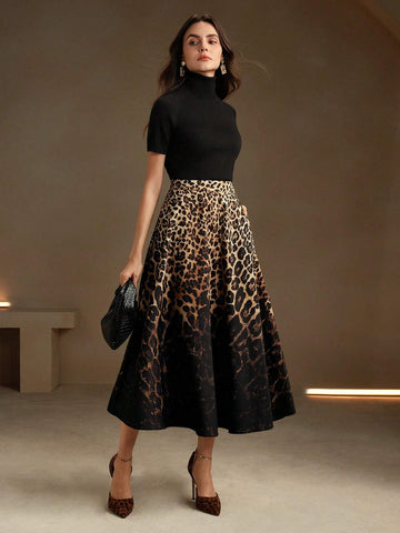 Anewsta Women Urban Chic Leopard Ombre Black Skir Anewsta Women Urban Chic Leopard Ombre Black Skir
