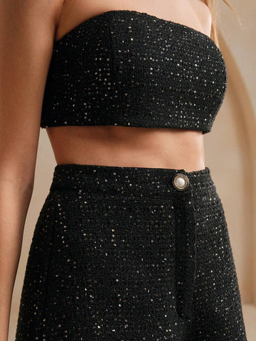 Anewsta Women's Black Sequin Bandeau & Shorts Set Anewsta Women's Black Sequin Bandeau & Shorts Set