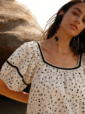 Anewsta Women's Casual Puff Sleeve Ditsy Floral Shirt For Spring And Summer Anewsta Women's Casual Puff Sleeve Ditsy Floral Shirt For Spring And Summer