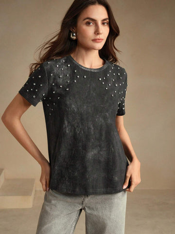 Women's Casual Tie Dye Distressed Black & Grey T-Shirt Women's Casual Tie Dye Distressed Black & Grey T-Shirt