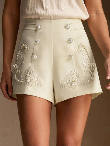 Anewsta Women's Commuting Urban Coarse Pearled Embroidered A-Line Shorts Anewsta Women's Commuting Urban Coarse Pearled Embroidered A-Line Shorts