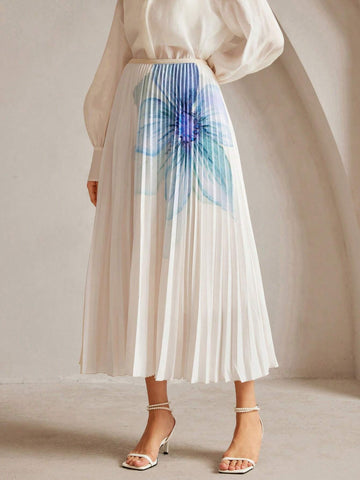 Anewsta Women's Elegant Floral Print Pleated A-Line Skirt Anewsta Women's Elegant Floral Print Pleated A-Line Skirt