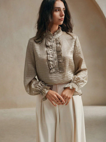 Anewsta Women's Elegant Multi-Layer Ruffle Trim Mauve Color Long Sleeve Blouse Anewsta Women's Elegant Multi-Layer Ruffle Trim Mauve Color Long Sleeve Blouse