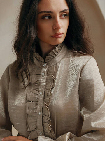 Anewsta Women's Elegant Multi-Layer Ruffle Trim Mauve Color Long Sleeve Blouse Anewsta Women's Elegant Multi-Layer Ruffle Trim Mauve Color Long Sleeve Blouse