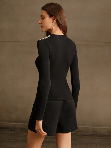 Fashionable Elegant Rhinestone Embellished Open Shoulder Ribbed Turtleneck Long Sleeve T-Shirt, Autumn Fashionable Elegant Rhinestone Embellished Open Shoulder Ribbed Turtleneck Long Sleeve T-Shirt, Autumn