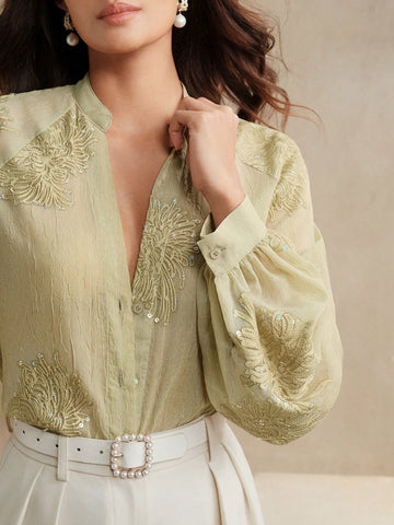 Anewsta Women's Floral Embroidery & Sequin Embellished V-Neck Long Sleeve Elegant Blouse, Suitable For Work Anewsta Women's Floral Embroidery & Sequin Embellished V-Neck Long Sleeve Elegant Blouse, Suitable For Work